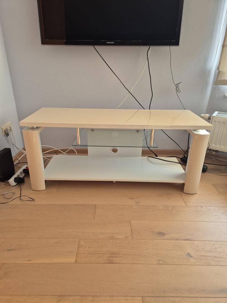 Meuble tv blanc brillant 120 cm – design moderne avec étagèr, Maison & Meubles, Enlèvement, Verre