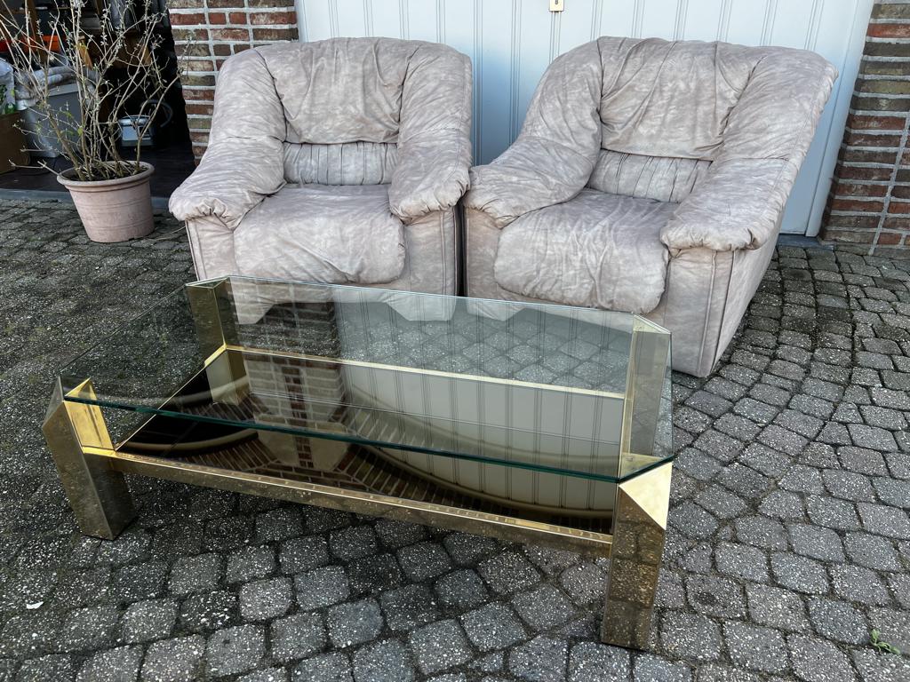 Salontafel in glas en 23 karaat verguld metaal, Maison & Meubles, Tables | Tables de salon, 100 à 150 cm, Moins de 50 cm, Comme neuf