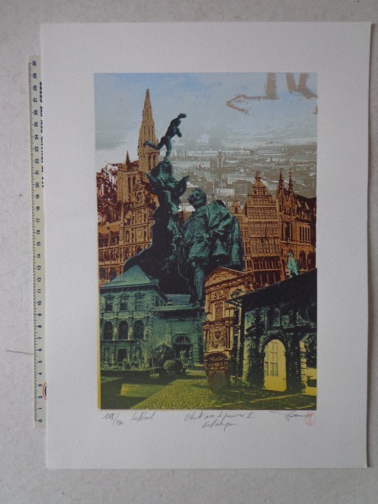 kleurrijke zeefdruk Veerle Rooms "Stad Antwerpen" uit 2003, Antiek en Kunst, Kunst | Litho's en Zeefdrukken, Ophalen of Verzenden