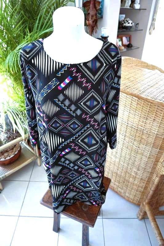 zwart abstract gekleurde vintage dressing jurk, Kleding | Dames, Jurken, Zo goed als nieuw, Maat 42/44 (L), Zwart, Onder de knie