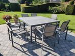 Tuinset - 2 grijze metalen glazen tafels + 7 stoelen, Tuin en Terras, Ophalen, Zo goed als nieuw, Rechthoekig, Metaal