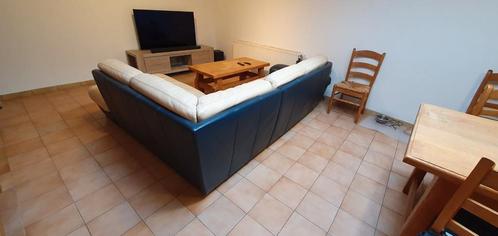 Beige en donkerblauwe leren bank., Huis en Inrichting, Zetels | Zetels, Gebruikt, Leer