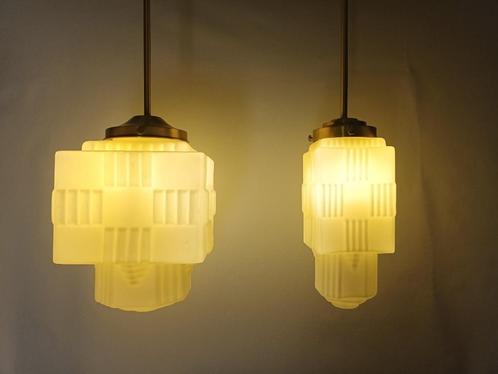 'Paar' art deco opaline lampen - type skyscraper - SOLDEN, Antiek en Kunst, Antiek | Verlichting, Ophalen of Verzenden