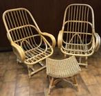 Prachtige vintage rotan set van 2 fauteuils met voetbankje, Huis en Inrichting, Fauteuils, Ophalen of Verzenden, Gebruikt, Riet of Rotan