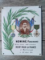 Emaille bord WO1 Ferdinand Nominé Mort Pour La France, Verzamelen, Militaria | Algemeen, Ophalen of Verzenden, Landmacht, Lintje, Medaille of Wings