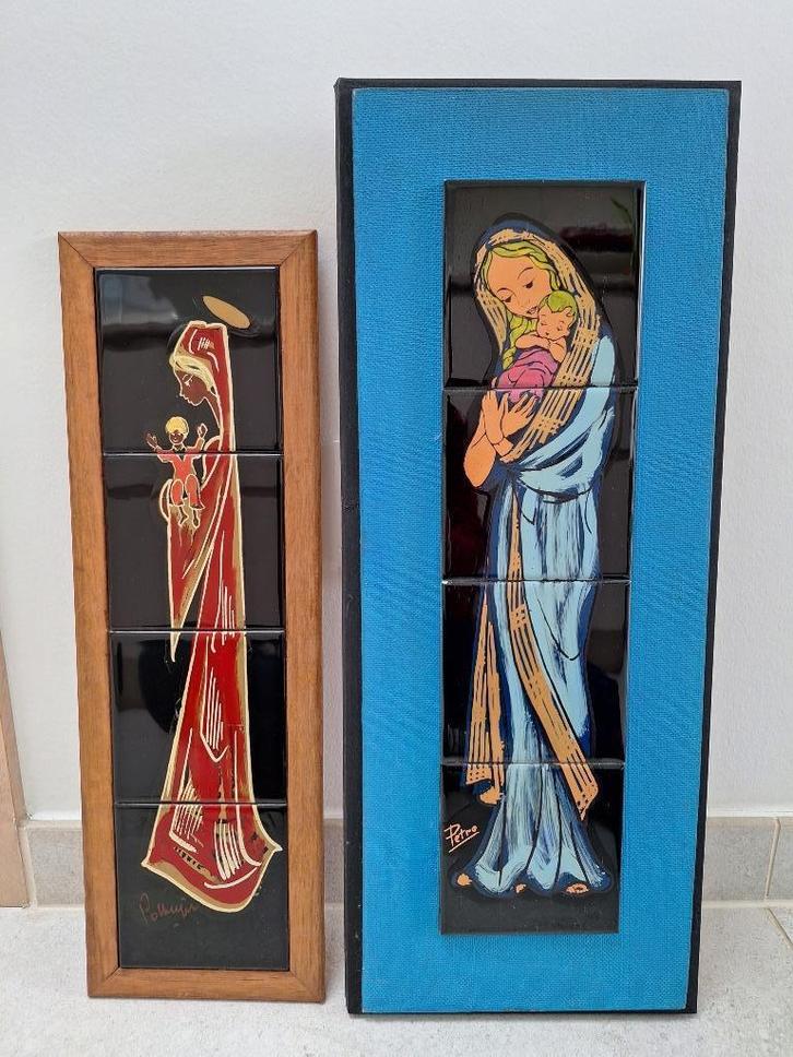 2 vintage tegeltableaus met Moeder Maria (OLV) en Jezus, Antiek en Kunst, Antiek | Keramiek en Aardewerk, Ophalen