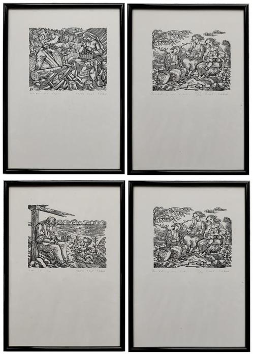 houtsnede drukkunst: Unieke set van 4 houtdrukken, Antiek en Kunst, Kunst | Etsen en Gravures, Ophalen of Verzenden