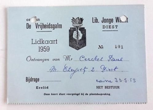Lidkaart van Paul Cerckel bij de Liberale Jonge Wacht Diest, Verzamelen, Overige Verzamelen, Gebruikt, Ophalen of Verzenden