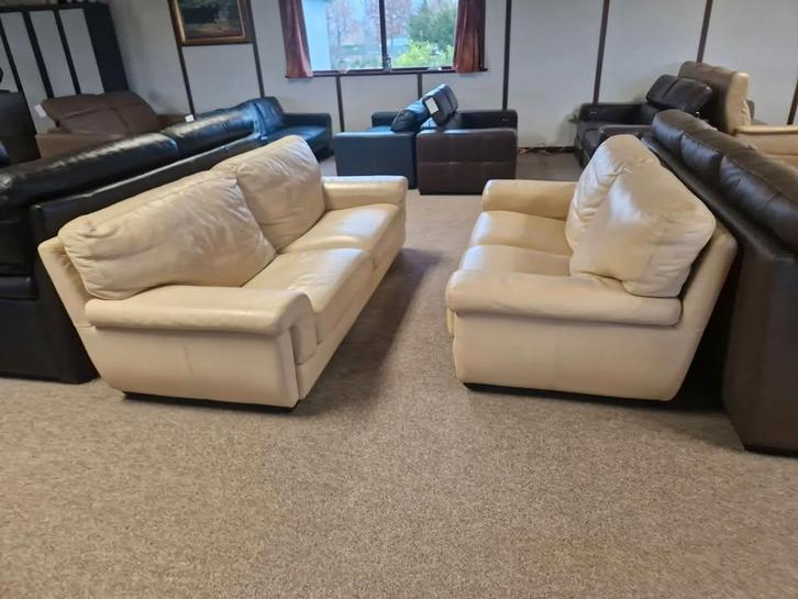 BEIGE BUFFELLEDEREN SALON 3 EN 2 ZIT, Maison & Meubles, Canapés | Repose-pieds & Poufs, Utilisé, Cuir, Enlèvement