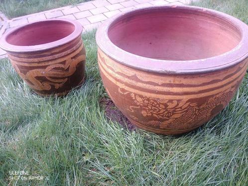 2 grands pots de plantes chinois en terre cuite, Jardin & Terrasse, Vases de jardin, Comme neuf, Enlèvement