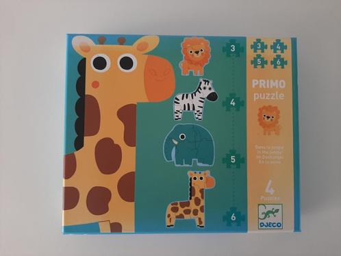 Djeco puzzel kind - 4 jungledieren, Kinderen en Baby's, Speelgoed | Kinderpuzzels, Zo goed als nieuw, 6 maanden tot 2 jaar, 10 tot 50 stukjes