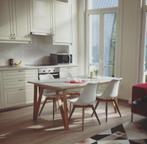 Verlengbare design tafel met 4 witte stoelen, 50 tot 100 cm, Gebruikt, Rechthoekig, Ophalen