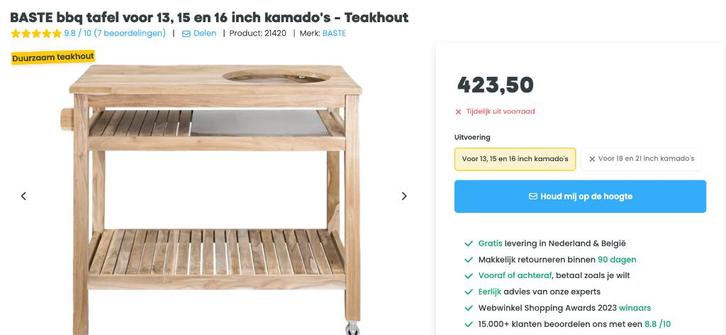 bbq tafel voor 13, 15 en 16 inch kamado's - Teakhout, Tuin en Terras, Houtskoolbarbecues, Nieuw, Ophalen