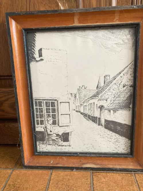 Oude tekening van Oud-Pittem, Antiek en Kunst, Kunst | Tekeningen en Fotografie, Ophalen