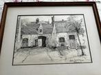 * tekening, begijnhof Brugge ,in kader met glas, Antiek en Kunst, Ophalen of Verzenden