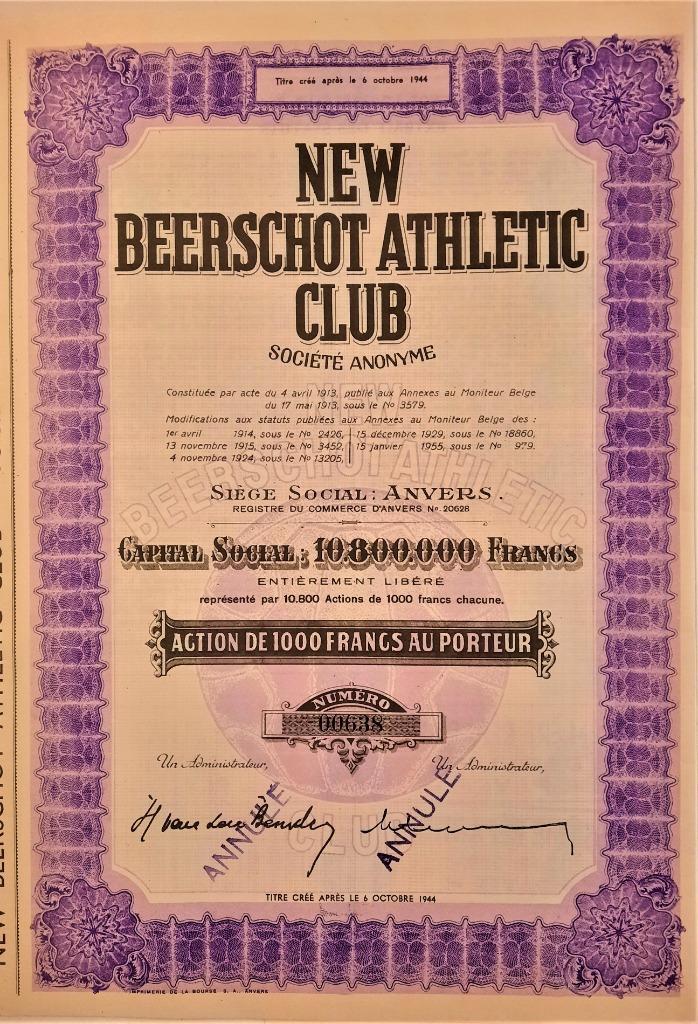 Beerschot aandeel, Postzegels en Munten, Aandelen en Waardepapieren, Aandeel, 1950 tot 1970, Ophalen of Verzenden