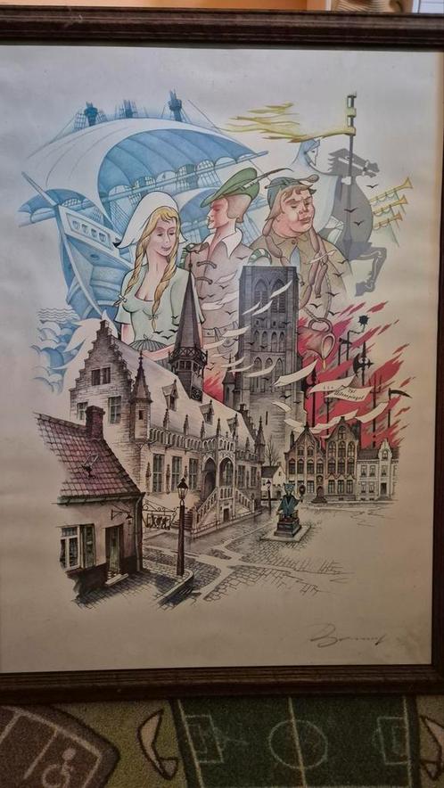 lithografie "Damme/Tijl Uilenspiegel" Oscar Bonnevalle., Antiek en Kunst, Kunst | Tekeningen en Fotografie, Ophalen