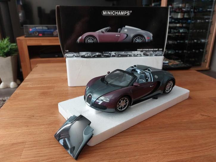 Minichamps 1/18 Bugatti Veyron Grand Sport Grijs/Paars, Hobby & Loisirs créatifs, Voitures miniatures | 1:18, Comme neuf, Voiture