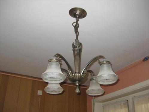 Art deco kroonluchter met 4 takken in tin, Antiek en Kunst, Antiek | Verlichting, Ophalen