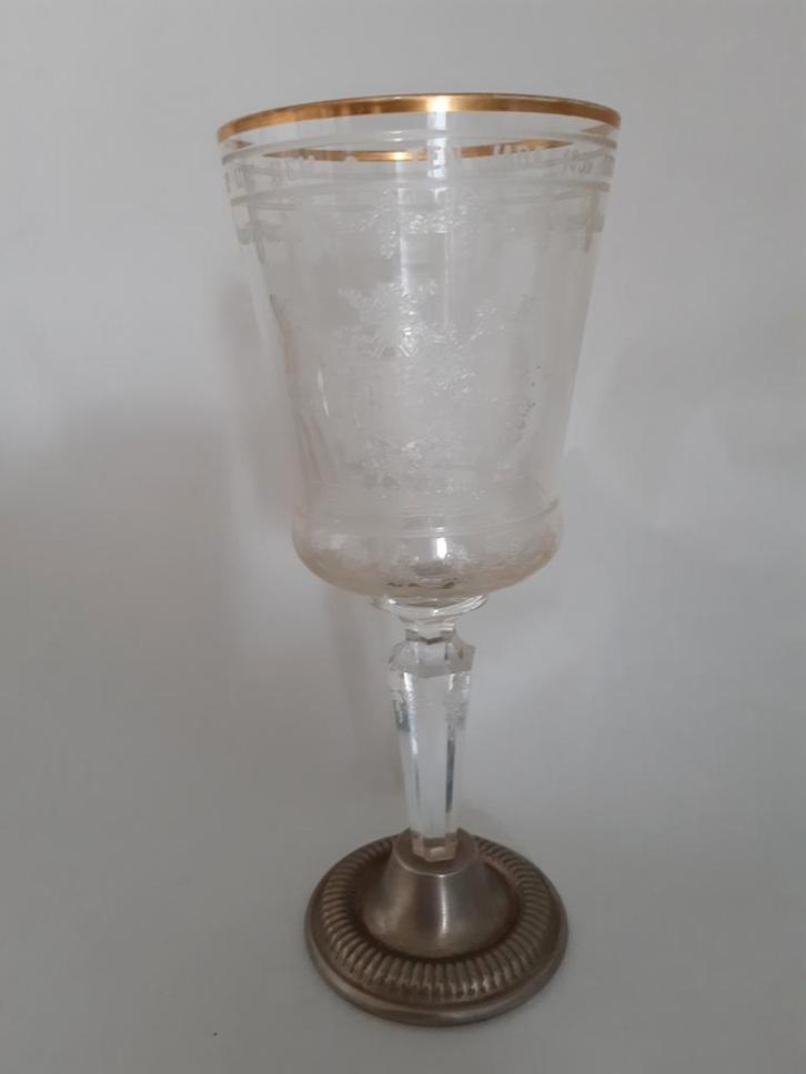 ANTIEK GLAS MET GEGRAVEERD WAPENSCHILD VAN ANTWERPEN 1909, Verzamelen, Glas en Drinkglazen, Gebruikt, Overige typen, Ophalen