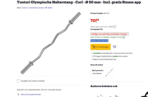 Tunturi Olympische Halterstang - Curl - Ø 50 mm Nieuwstaat., Sports & Fitness, Équipement de fitness, Comme neuf, Plaques d'haltères
