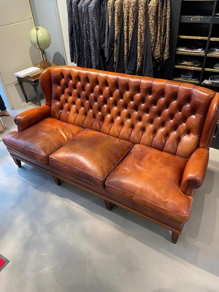 Lederen Chesterfield 3-zits bank, Huis en Inrichting, Zetels | Zetels, Gebruikt, Driepersoons, 150 tot 200 cm, 75 tot 100 cm, Hout