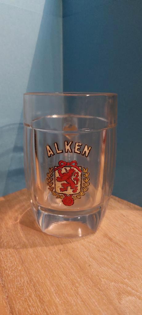 Glazen pot Alken in email opschrift van Cristal Alken, Verzamelen, Biermerken, Ophalen of Verzenden