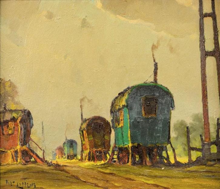 Piet Lippens (1890-1981): Woonwagens (O/D, 84 x 74 cm), Antiek en Kunst, Kunst | Schilderijen | Klassiek, Ophalen of Verzenden