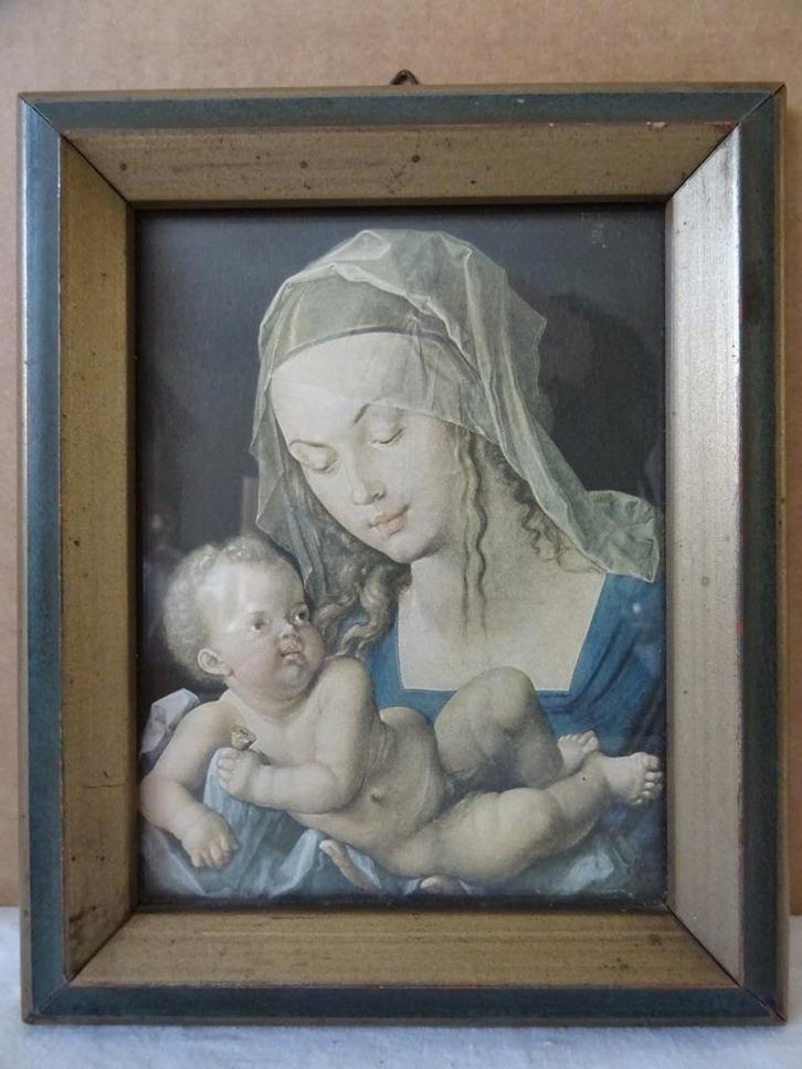 Maria Madonna met kindje Jezus antieke prent lijst 15x18 cm, Antiek en Kunst, Antiek | Religieuze voorwerpen, Ophalen of Verzenden