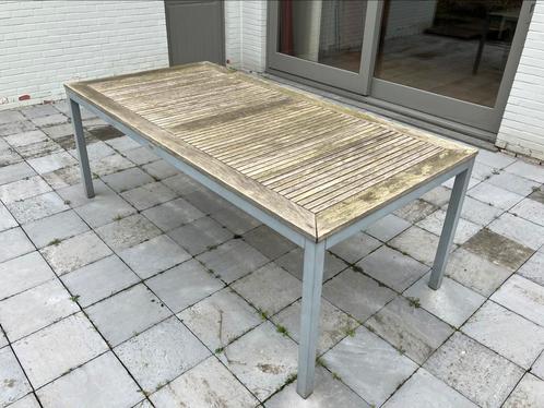 Tuintafel (aluminium-teak), Tuin en Terras, Tuintafels, Gebruikt, Rechthoekig, Teakhout, Ophalen