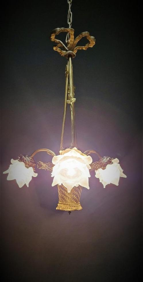 Bronzen mandje kroonluchter met 3 lichten, Antiquités & Art, Antiquités | Éclairage, Enlèvement ou Envoi
