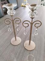 Twee antieke kandelaars met glazen kristallen, Antiek en Kunst, Ophalen of Verzenden