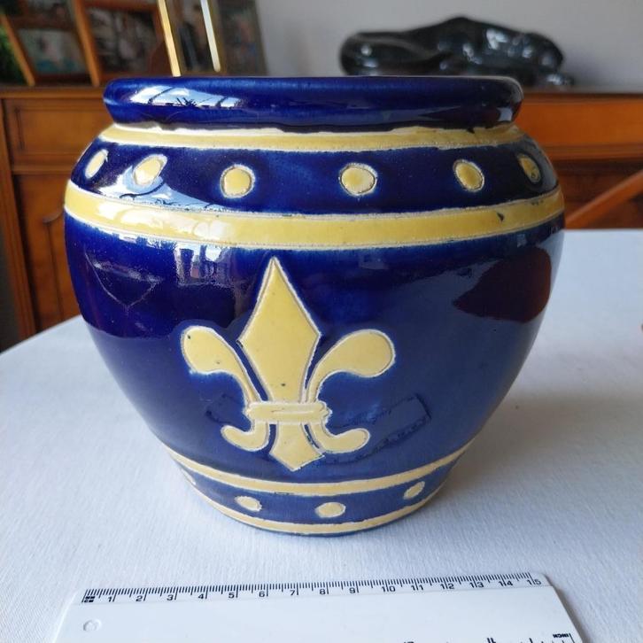 Blauwe keramiek bloempot met Iris 20x 16 cm 12 cm opening, Tuin en Terras, Bloempotten, Zo goed als nieuw, Aardewerk, Binnen, Minder dan 40 cm