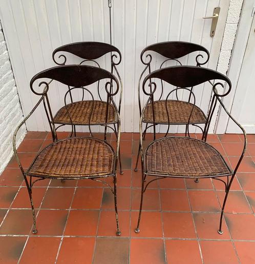 4 chaises de jardin fer forger/rotin vintage, Jardin & Terrasse, Chaises de jardin, Utilisé, Rotin, Empilable