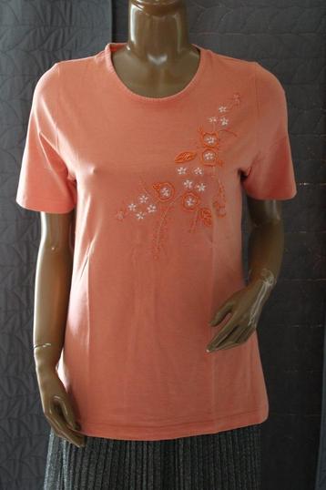 T-shirt geborduurde bloemen pareltjes op borst oranje 42/44