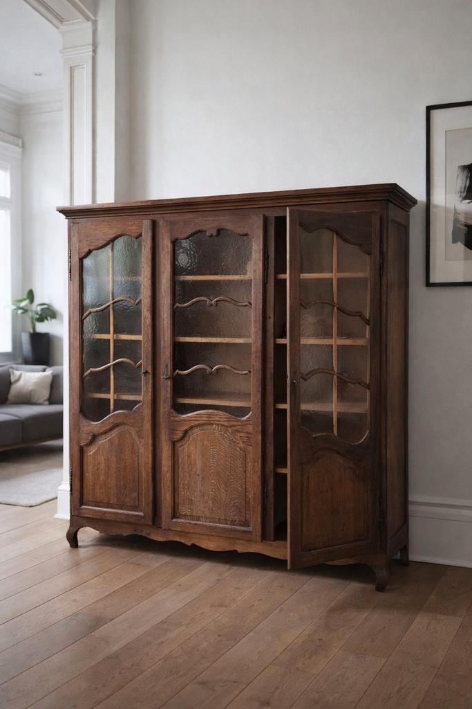 Massieve eiken vitrinekast bibliotheekkast, Huis en Inrichting, Kasten | Boekenkasten, Gebruikt, Ophalen