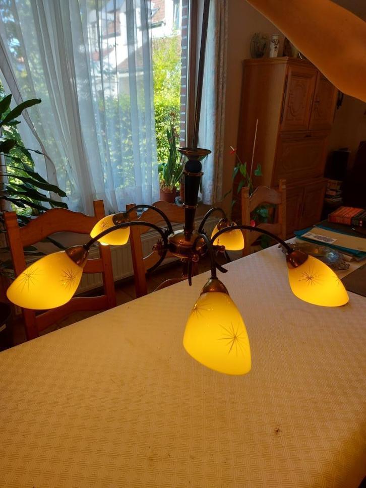 Vintage 5-takken kroonluchter, Huis en Inrichting, Lampen | Kroonluchters, Gebruikt, Glas, Overige materialen, Ophalen