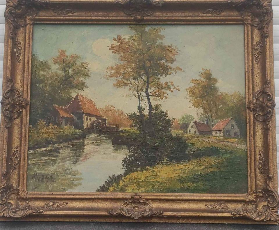 Huile sur toile paysage au moulin signe m veys, Enlèvement ou Envoi