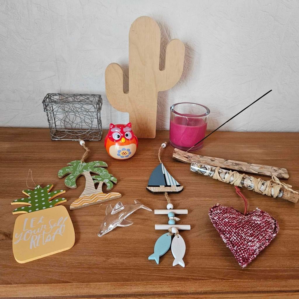 Lot de plusieurs décos maison hibou bougie cactus coeur, Huis en Inrichting, Woonaccessoires | Overige, Zo goed als nieuw, Overige materialen