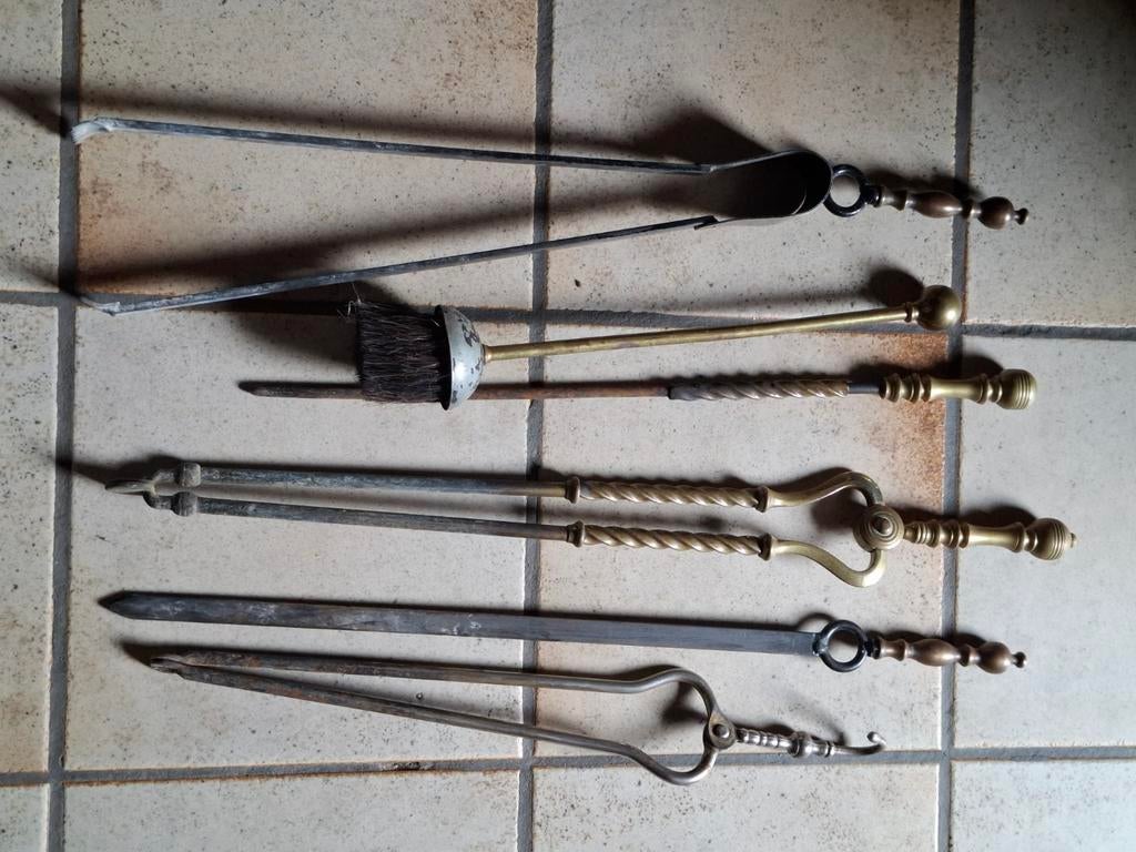 Serveur de cheminee ancien 6 pieces cuivre et laiton, Enlèvement, Cuivre