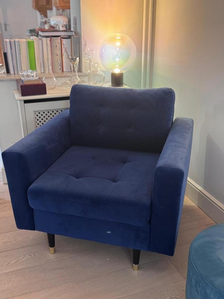 Blauw fluweel eenzit zetel, Maison & Meubles, Fauteuils, Comme neuf, Tissus, Enlèvement