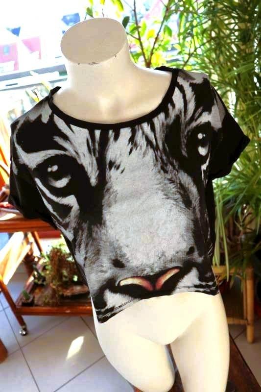 uniek zwart wit tijger-face top T-shirt, Overige kleuren, Korte mouw, Maat 36 (S), Gedragen