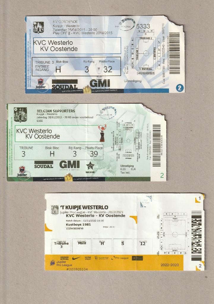 3 versch (gebruikte) tickets Westerlo - Oostende (2015-2022), Ophalen of Verzenden, Gebruikt, Overige typen