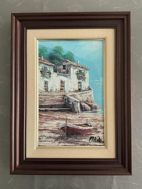 Olieverfschilderij 'oever en bootje', Antiek en Kunst, Kunst | Schilderijen | Modern, Ophalen of Verzenden