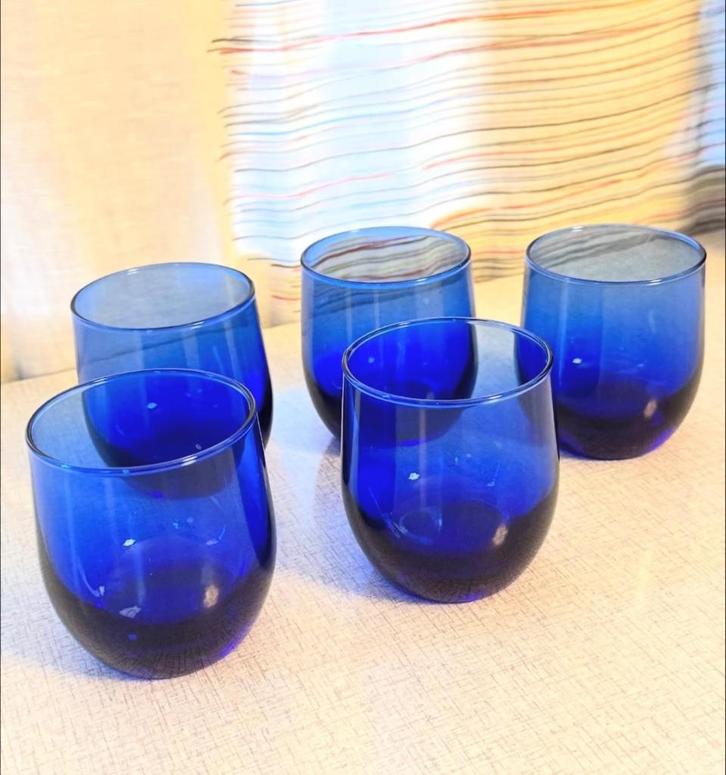 Kobaltblauwe vintage bekerglazen, 5 stuks, Antiek en Kunst, Antiek | Glaswerk en Kristal, Ophalen of Verzenden