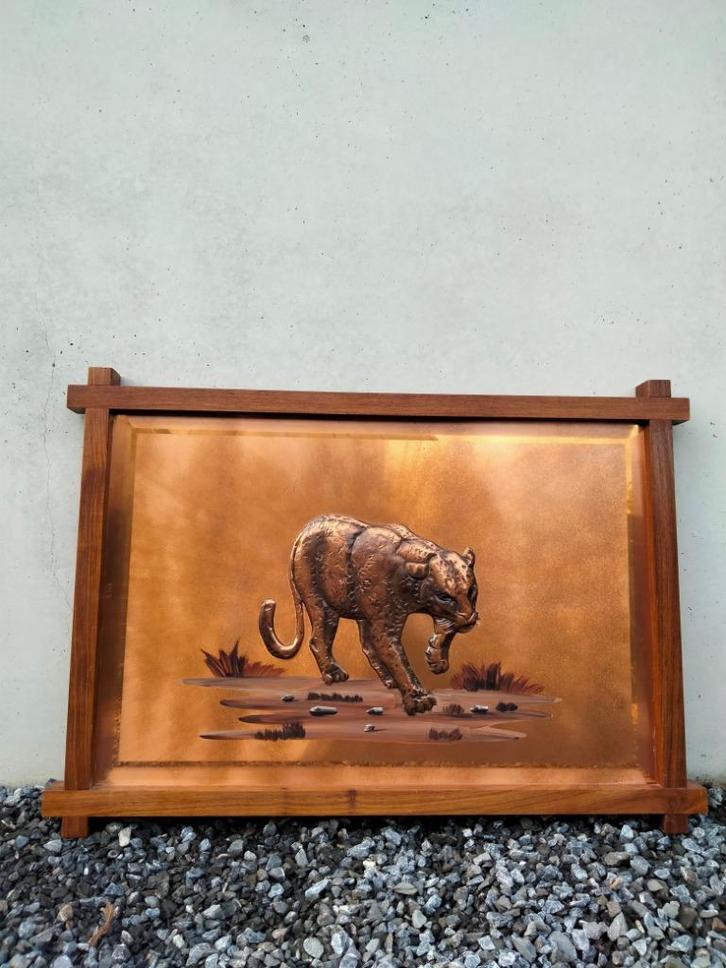 1970s XL vintage wall art deco koper luipaard, Huis en Inrichting, Woonaccessoires | Overige, Gebruikt, Ophalen