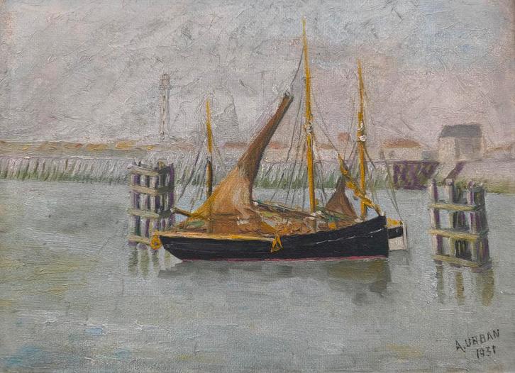 Haven met zeilboot. A. Urban (1931), Antiquités & Art, Art | Peinture | Classique, Enlèvement ou Envoi