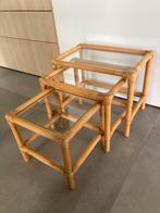 Set van 3 bamboe bijzettafeltjes, Huis en Inrichting, Tafels | Bijzettafels, Ophalen, Bamboe, Glas, Zo goed als nieuw