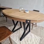 Table industrielle aerogommée ronde avec allonges, Maison & Meubles, Comme neuf, Chêne, Ovale, Enlèvement