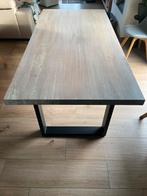 Eettafel met eikenhouten blad en metalen onderstel., Huis en Inrichting, Ophalen, Gebruikt, Eikenhout, 200 cm of meer